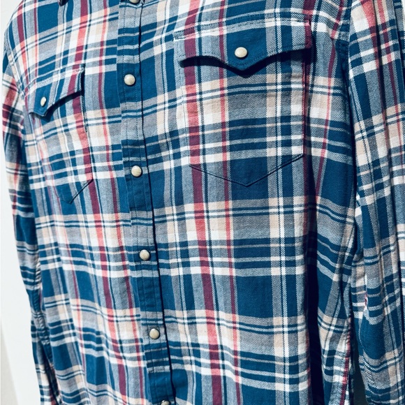 Vintage Lucky Brand Plaid Pearl Snap Weatern Long Sleeve Flannel Size M - Picture 2 of 6